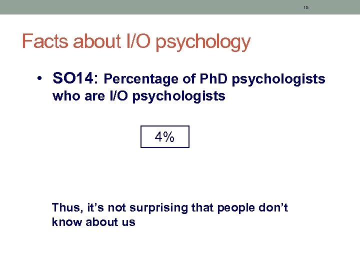 15 Facts about I/O psychology • SO 14: Percentage of Ph. D psychologists who