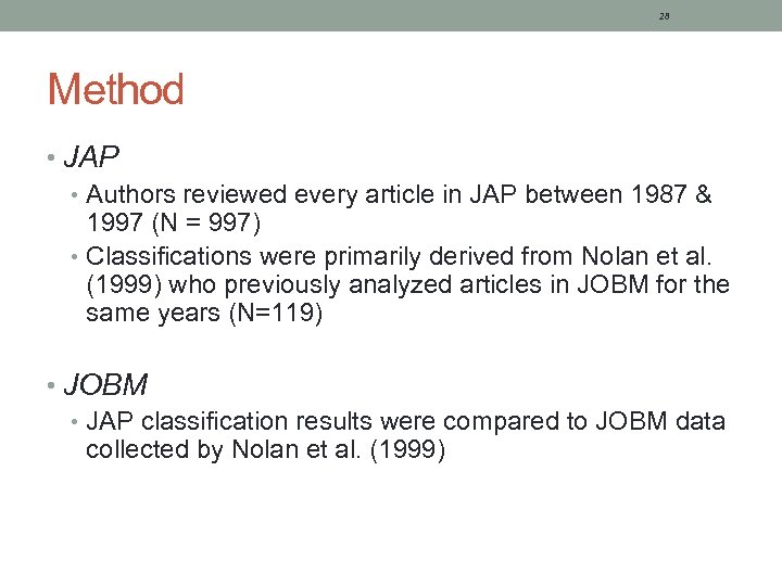 28 Method • JAP • Authors reviewed every article in JAP between 1987 &