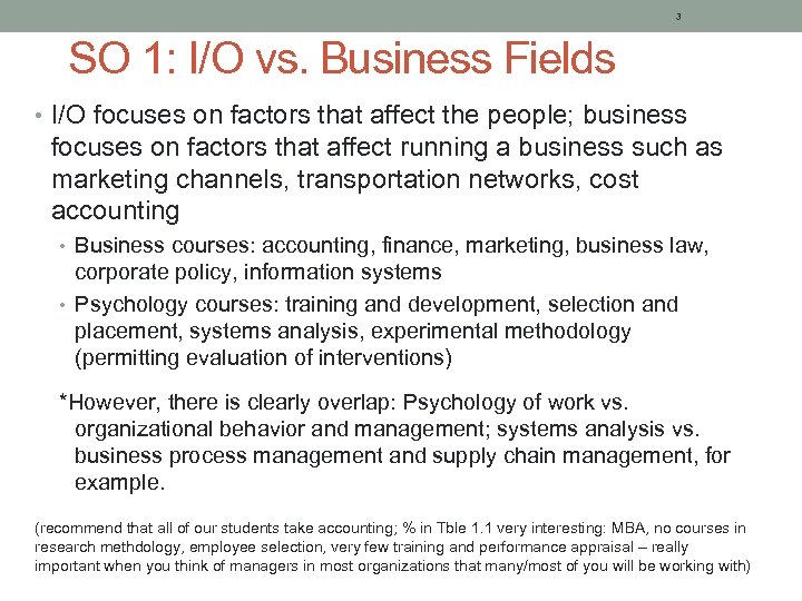 3 SO 1: I/O vs. Business Fields • I/O focuses on factors that affect