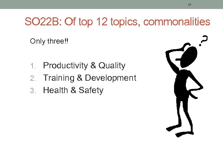 33 SO 22 B: Of top 12 topics, commonalities Only three!! 1. Productivity &