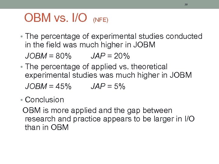 38 OBM vs. I/O (NFE) • The percentage of experimental studies conducted in the