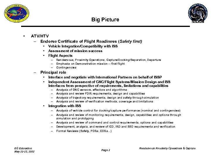 Big Picture • ATV/HTV – Endorse Certificate of Flight Readiness (Safety first) • •