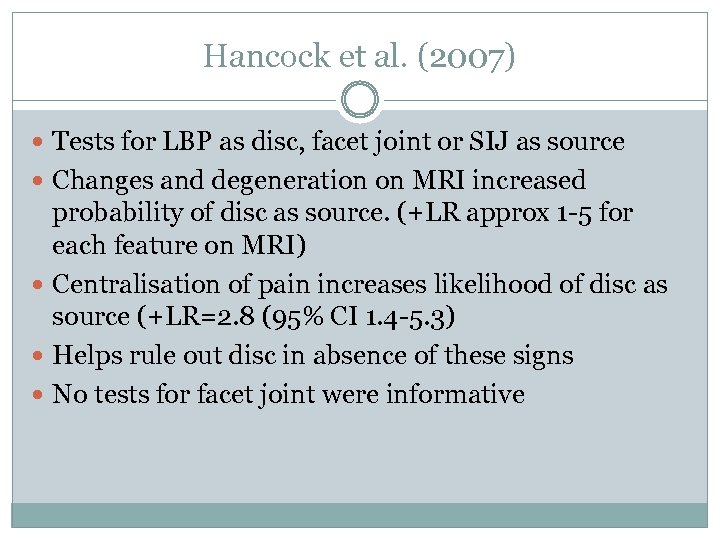 Hancock et al. (2007) Tests for LBP as disc, facet joint or SIJ as