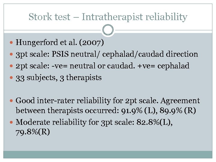 Stork test – Intratherapist reliability Hungerford et al. (2007) 3 pt scale: PSIS neutral/