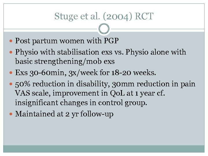 Stuge et al. (2004) RCT Post partum women with PGP Physio with stabilisation exs