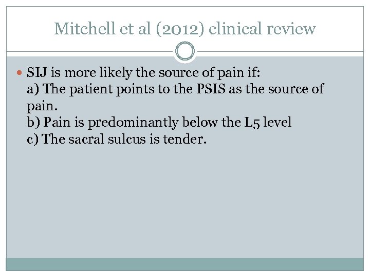 Mitchell et al (2012) clinical review SIJ is more likely the source of pain