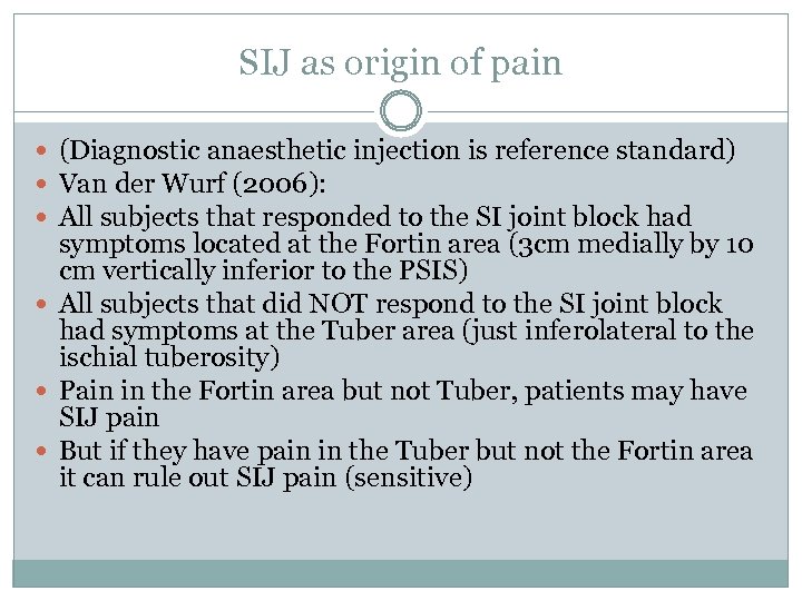 SIJ as origin of pain (Diagnostic anaesthetic injection is reference standard) Van der Wurf