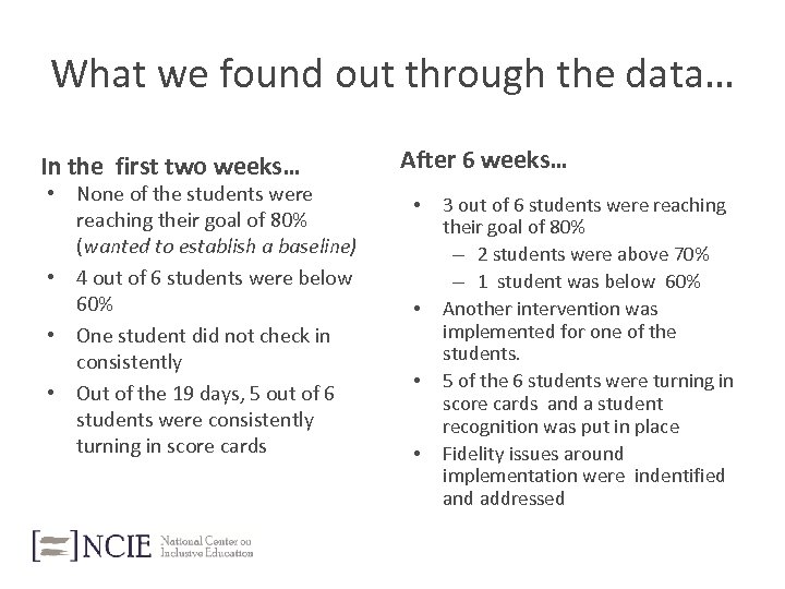 What we found out through the data… In the first two weeks… • None