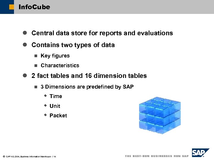 Info. Cube l Central data store for reports and evaluations l Contains two types