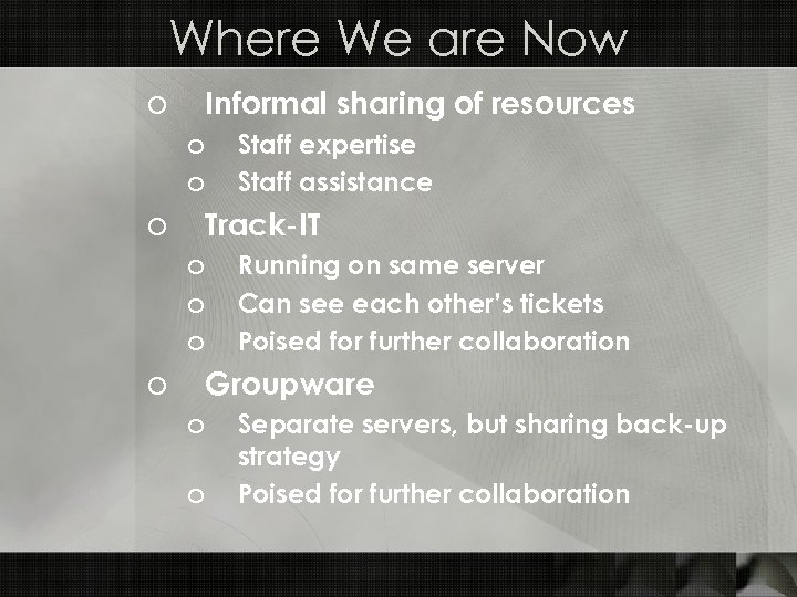 Where We are Now o Informal sharing of resources o o o Track-IT o