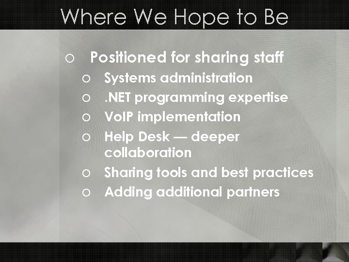 Where We Hope to Be o Positioned for sharing staff Systems administration. NET programming