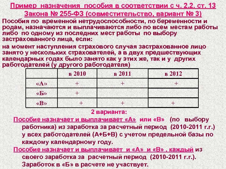 Пример назначения пособия в соответствии с ч. 2. 2. ст. 13 Закона № 255