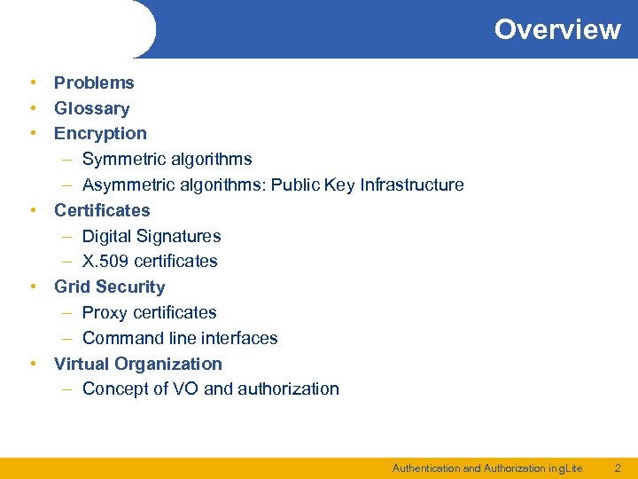 Overview • Problems • Glossary • Encryption – Symmetric algorithms – Asymmetric algorithms: Public
