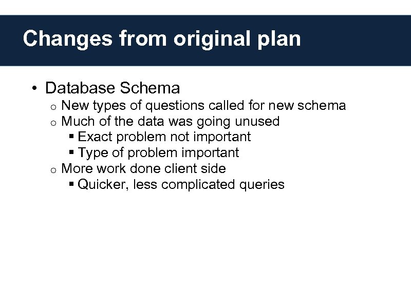 Changes from original plan • Database Schema New types of questions called for new