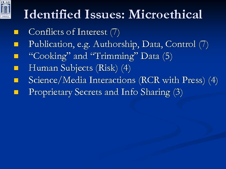 Identified Issues: Microethical n n n Conflicts of Interest (7) Publication, e. g. Authorship,