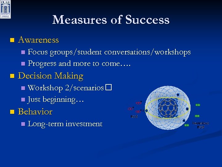 Measures of Success n Awareness Focus groups/student conversations/workshops n Progress and more to come….