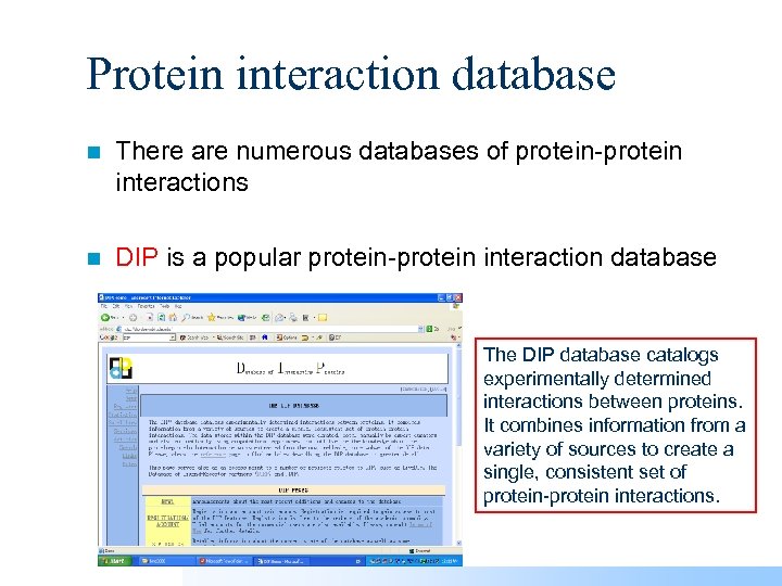 Protein interaction database n There are numerous databases of protein-protein interactions n DIP is
