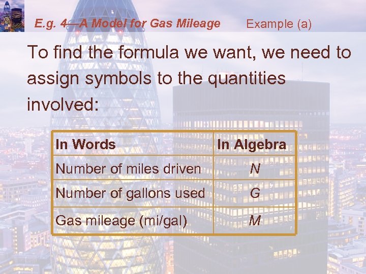 E. g. 4—A Model for Gas Mileage Example (a) To find the formula we