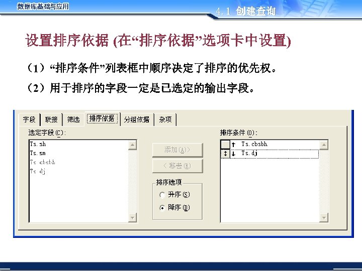 4. 1 创建查询 设置排序依据 (在“排序依据”选项卡中设置) （1）“排序条件”列表框中顺序决定了排序的优先权。 （2）用于排序的字段一定是已选定的输出字段。 