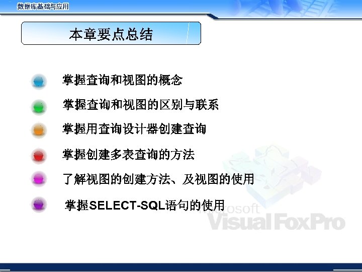 本章要点总结 掌握查询和视图的概念 掌握查询和视图的区别与联系 掌握用查询设计器创建查询 掌握创建多表查询的方法 了解视图的创建方法、及视图的使用 掌握SELECT-SQL语句的使用 