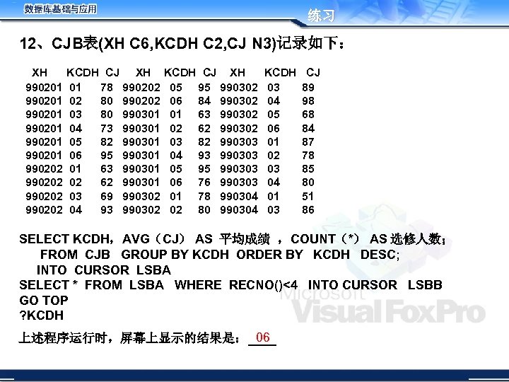 练习 12、CJB表(XH C 6, KCDH C 2, CJ N 3)记录如下： XH 990201 990201 990202