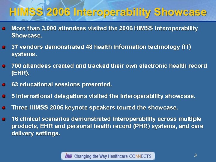 HIMSS 2006 Interoperability Showcase More than 3, 000 attendees visited the 2006 HIMSS Interoperability