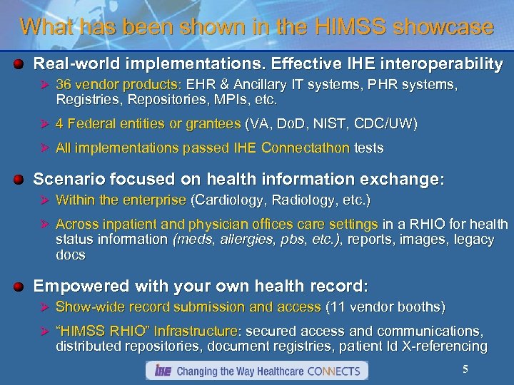 What has been shown in the HIMSS showcase Real-world implementations. Effective IHE interoperability Ø