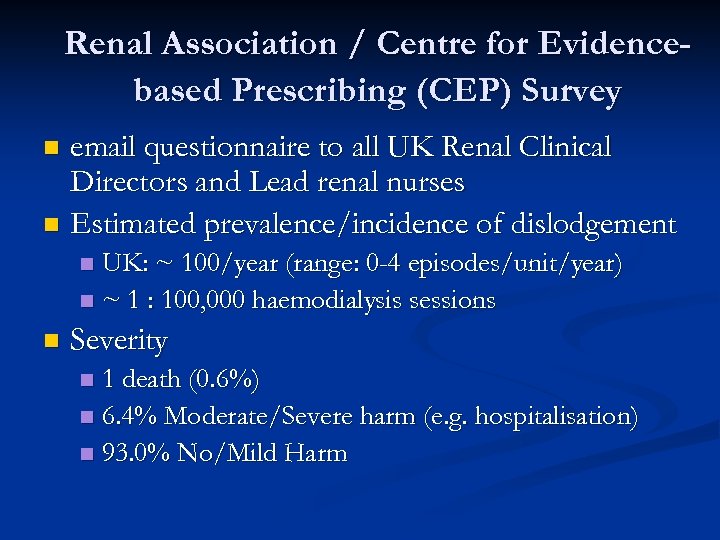 Renal Association / Centre for Evidencebased Prescribing (CEP) Survey email questionnaire to all UK
