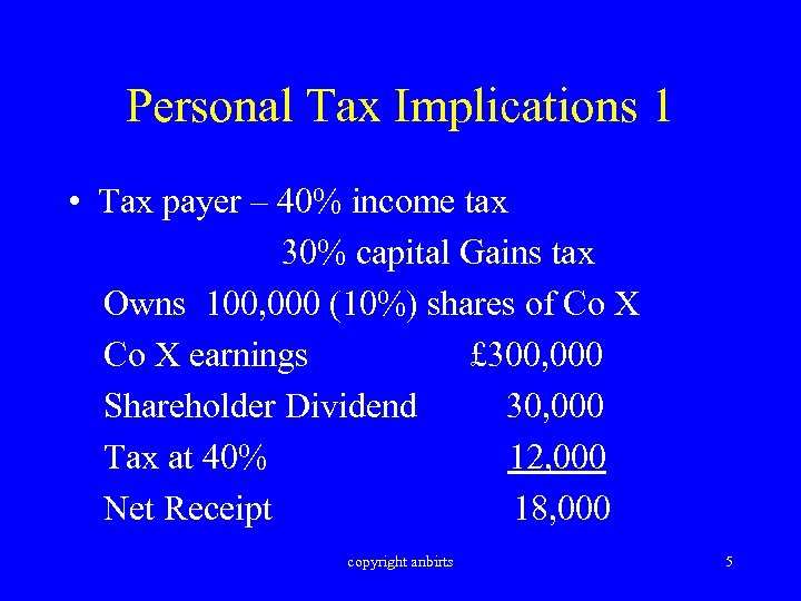 Personal Tax Implications 1 • Tax payer – 40% income tax 30% capital Gains