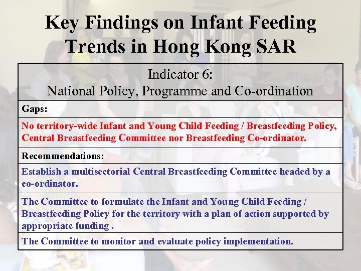Key Findings on Infant Feeding Trends in Hong Kong SAR Indicator 6: National Policy,