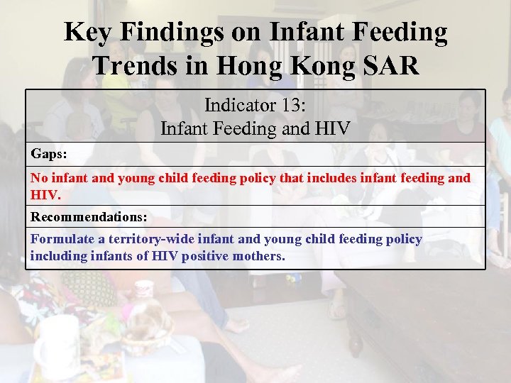 Key Findings on Infant Feeding Trends in Hong Kong SAR Indicator 13: Infant Feeding