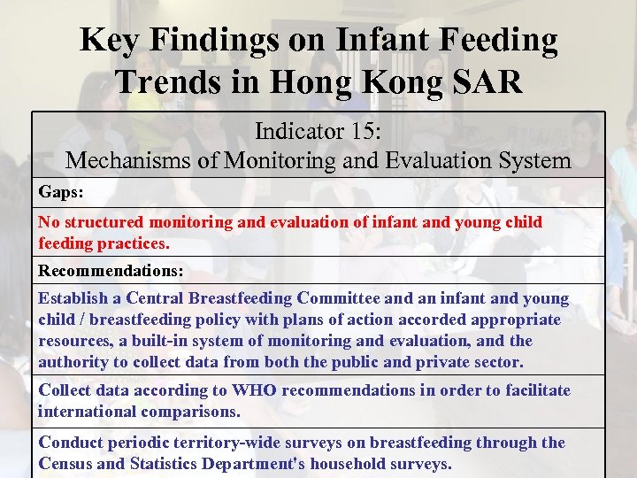 Key Findings on Infant Feeding Trends in Hong Kong SAR Indicator 15: Mechanisms of