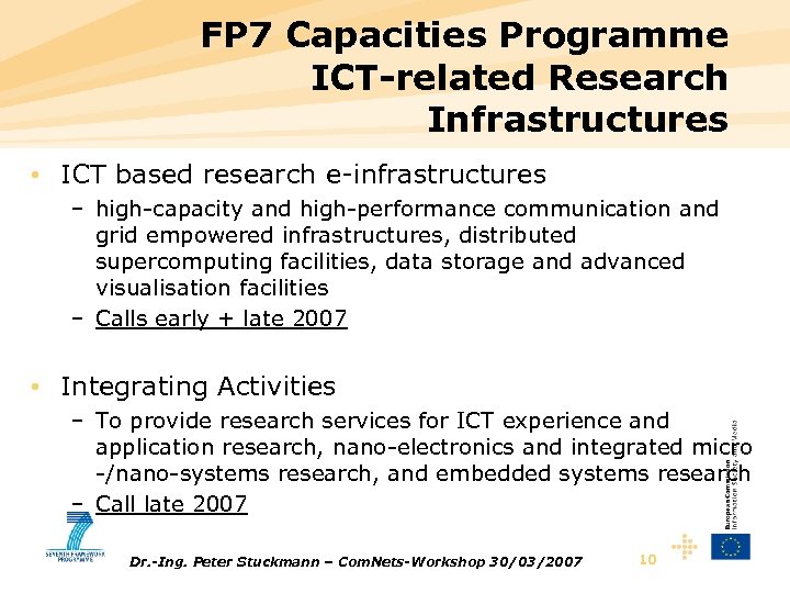 FP 7 Capacities Programme ICT-related Research Infrastructures • ICT based research e-infrastructures – high-capacity