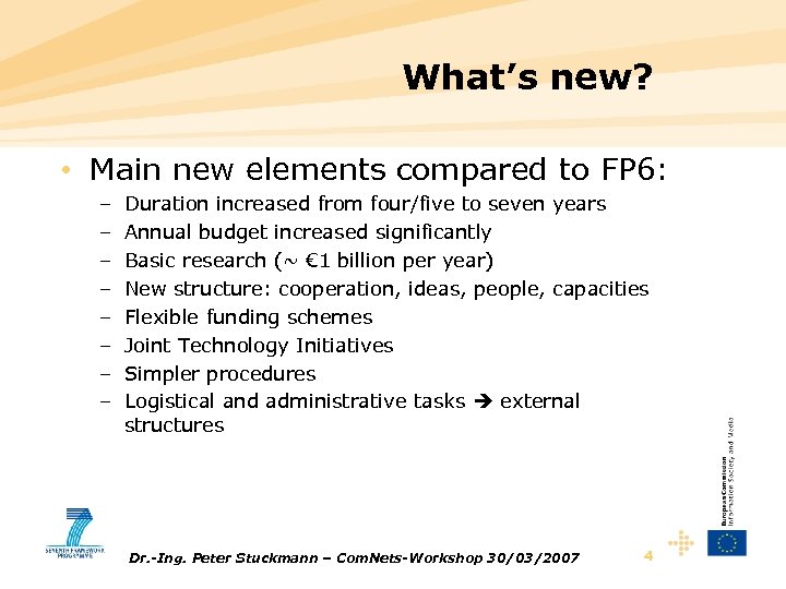 What’s new? • Main new elements compared to FP 6: – – – –