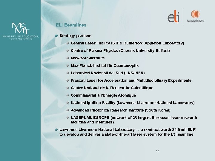 ELI Beamlines Strategy partners Central Laser Facility (STFC Rutherford Appleton Laboratory) Centre of Plasma