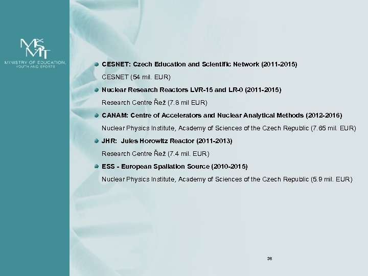 CESNET: Czech Education and Scientific Network (2011 -2015) CESNET (54 mil. EUR) Nuclear Research