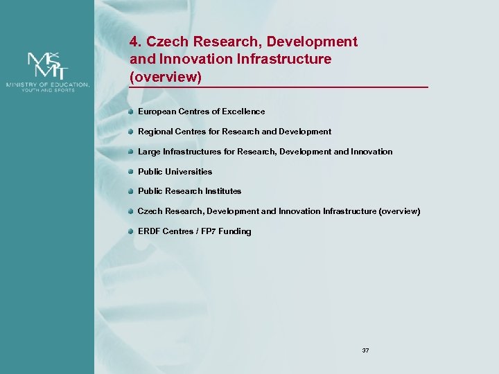 4. Czech Research, Development and Innovation Infrastructure (overview) European Centres of Excellence Regional Centres