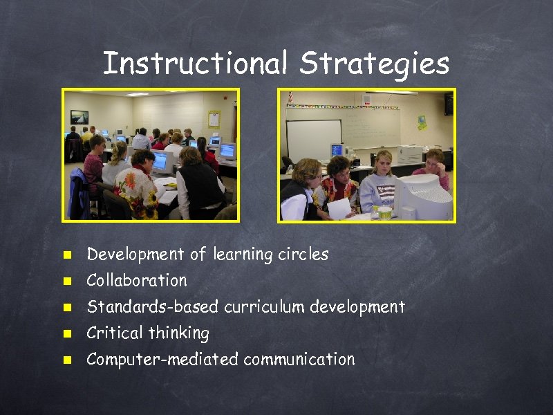 Instructional Strategies Development of learning circles Collaboration Standards-based curriculum development Critical thinking Computer-mediated communication