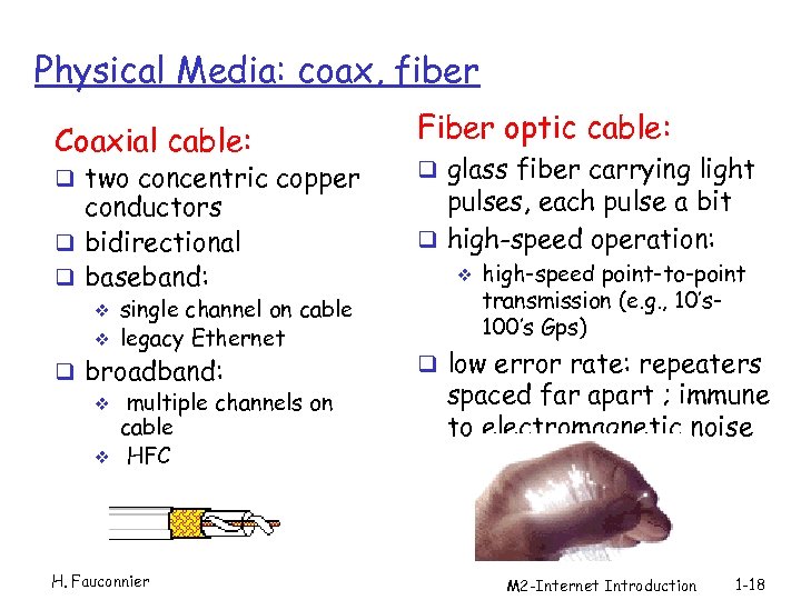 Physical Media: coax, fiber Coaxial cable: Fiber optic cable: conductors q bidirectional q baseband: