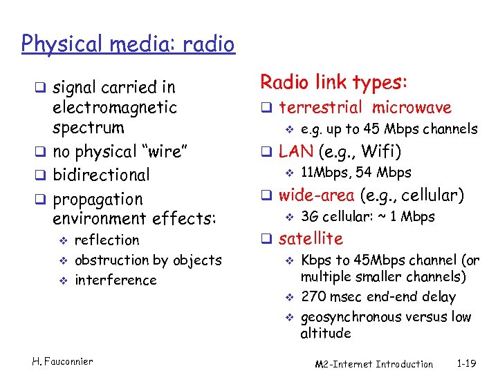 Physical media: radio q signal carried in electromagnetic spectrum q no physical “wire” q