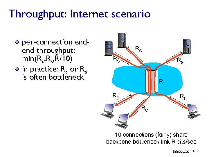 Throughput: Internet scenario per-connection endend throughput: min(Rc, Rs, R/10) v in practice: Rc or