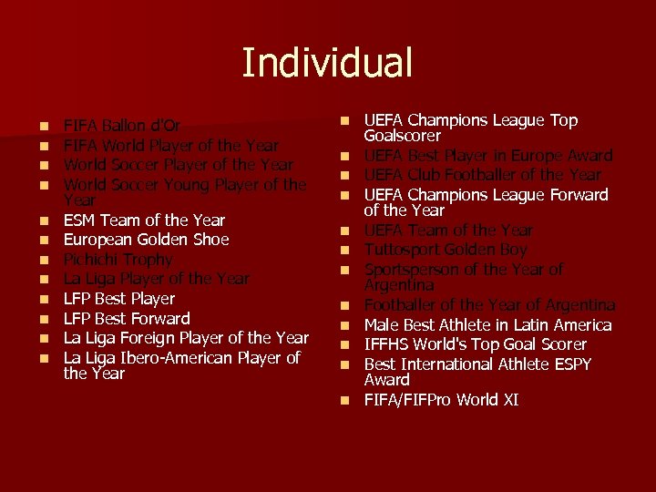 Individual n n n FIFA Ballon d'Or FIFA World Player of the Year World