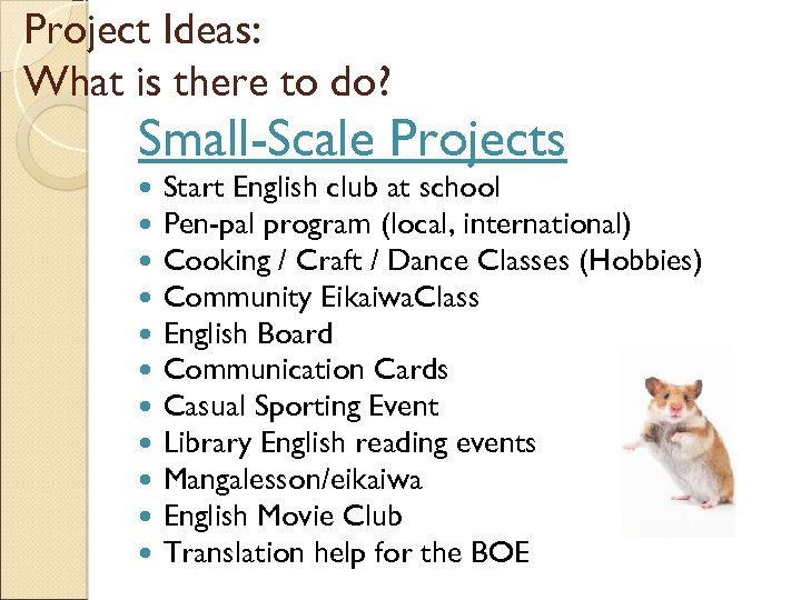 Project Ideas: What is there to do? Small-Scale Projects Start English club at school