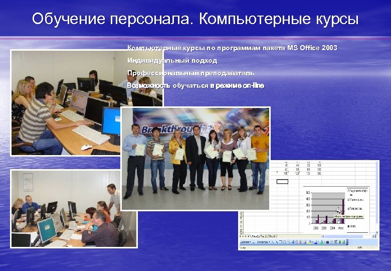 Обучение персонала. Компьютерные курсы по программам пакета MS Office 2003 Индивидуальный подход Профессиональный преподаватель