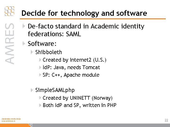 Decide for technology and software De-facto standard in Academic identity federations: SAML Software: Shibboleth