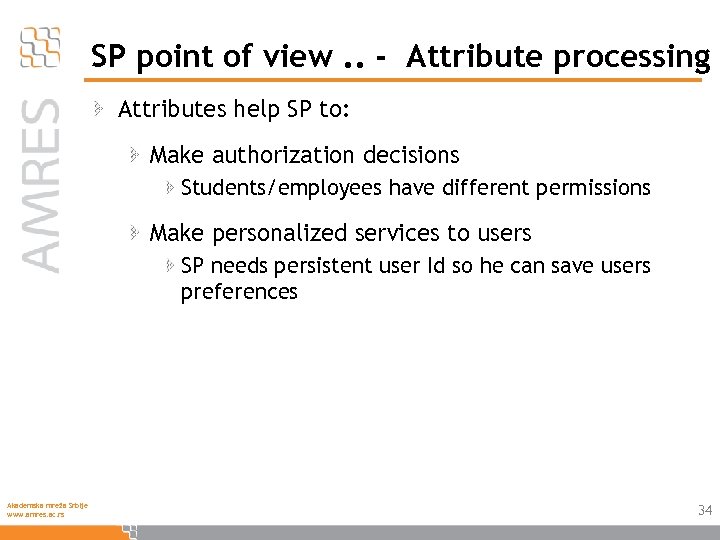 SP point of view. . - Attribute processing Attributes help SP to: Make authorization