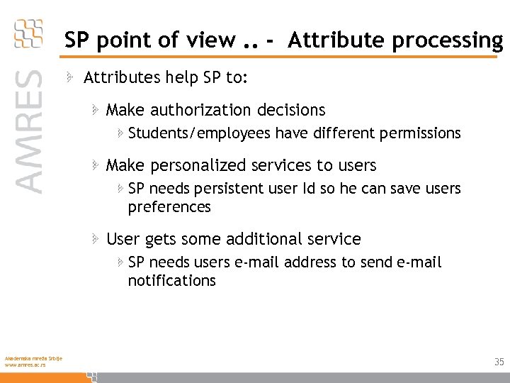 SP point of view. . - Attribute processing Attributes help SP to: Make authorization