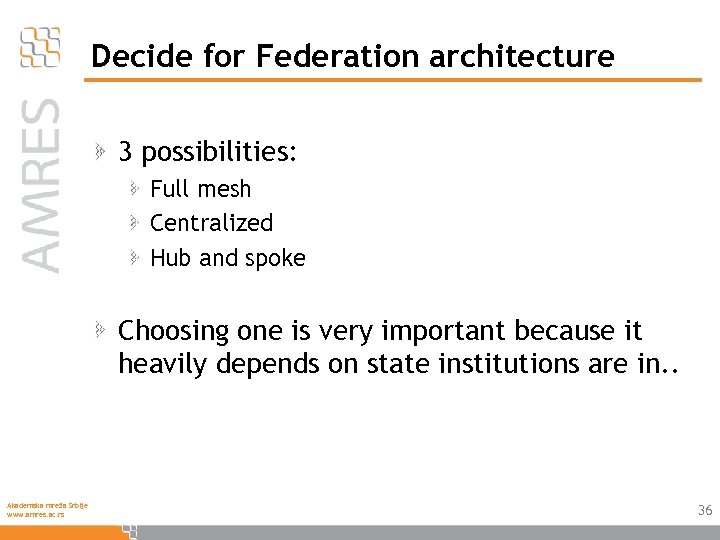 Decide for Federation architecture 3 possibilities: Full mesh Centralized Hub and spoke Choosing one