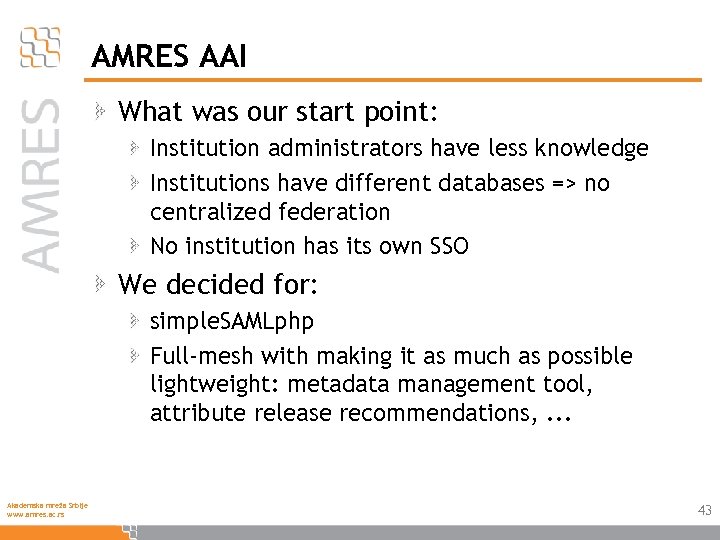 AMRES AAI What was our start point: Institution administrators have less knowledge Institutions have
