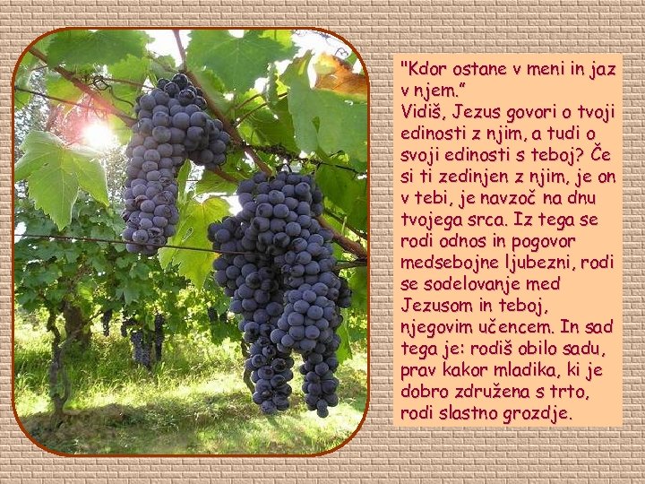 "Kdor ostane v meni in jaz v njem. ” Vidiš, Jezus govori o tvoji